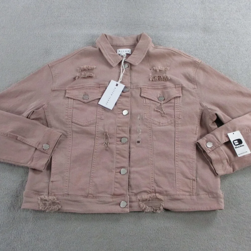 Risen Jacket Womens Large Mauve Pink Deconstructed Distressed Denim Trucker NWT - Picture 2 of 11